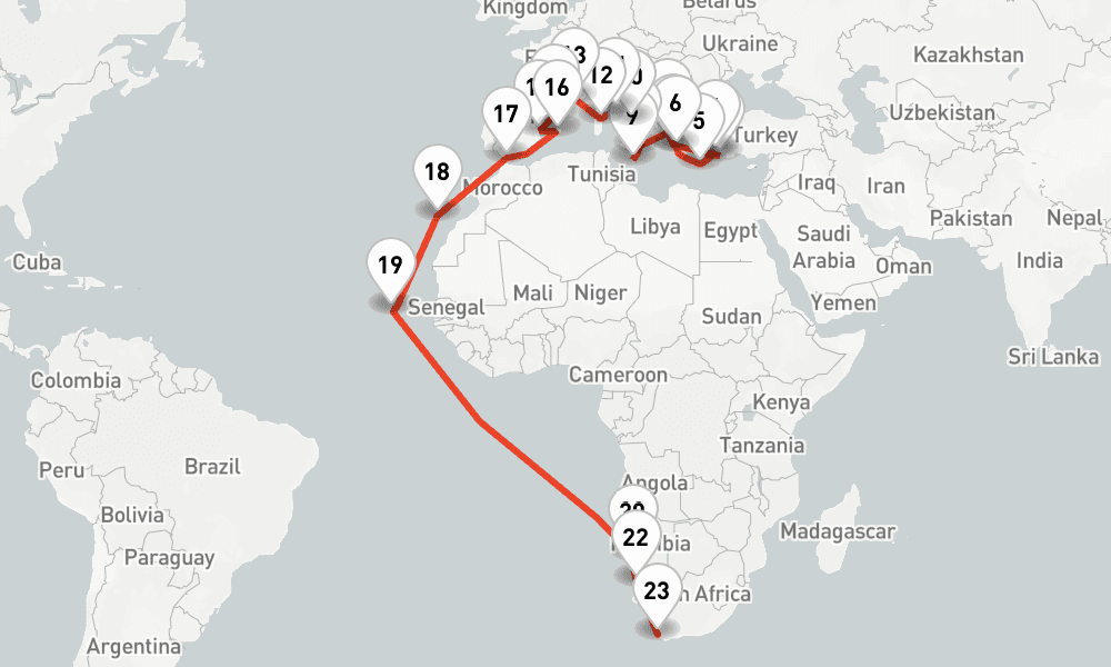 39 days, one-way from Corfu Island to Cape Town 40日間