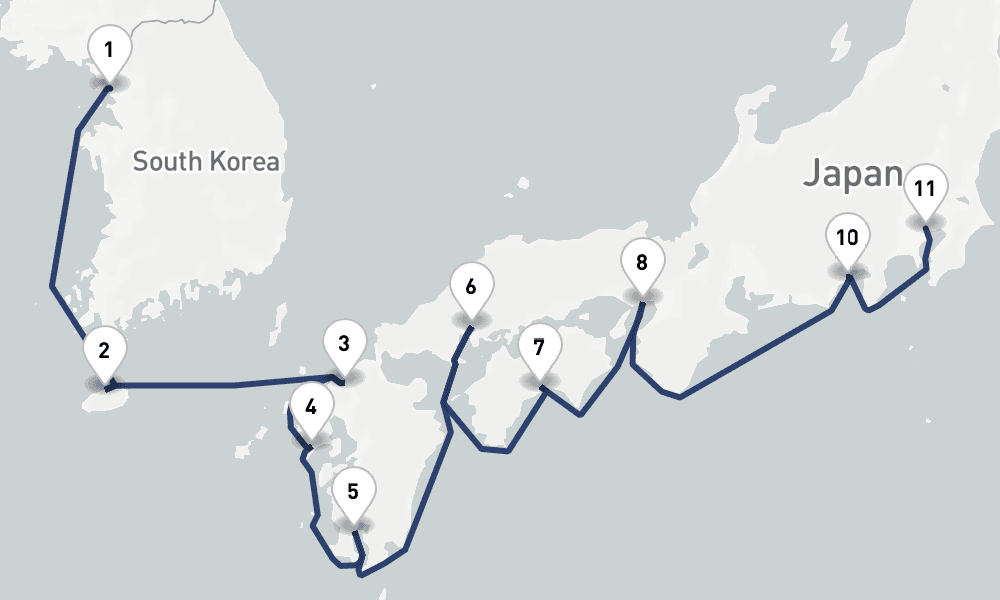 13 days, one-way from Incheon to Tokyo 14日間