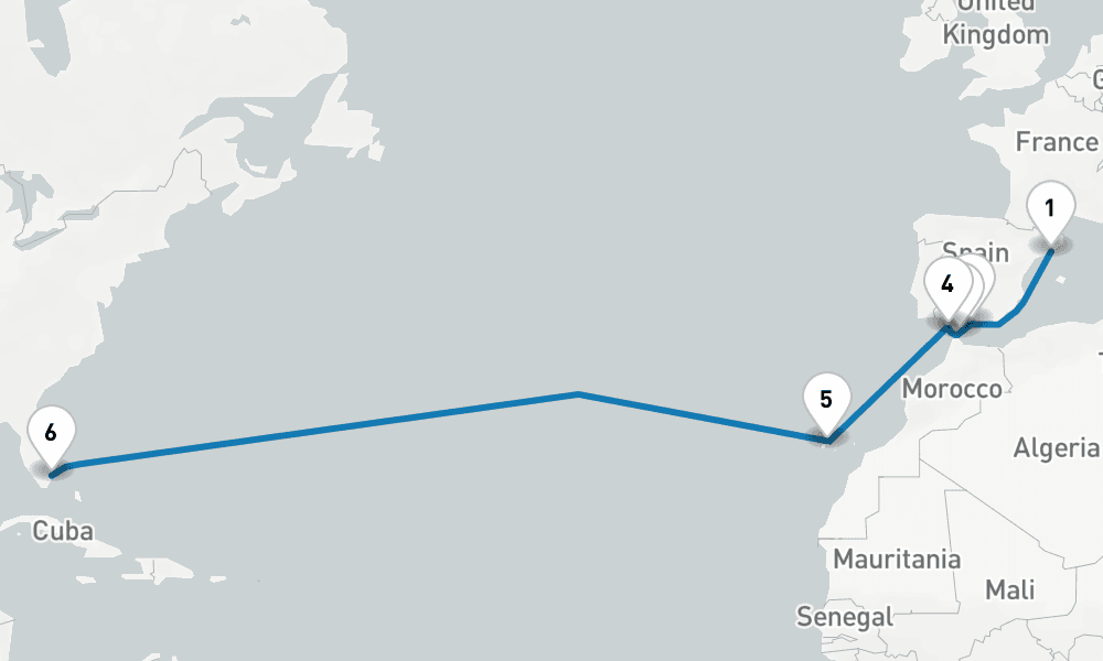 15 days, one-way from Barcelona to Fort Lauderdale 16日間