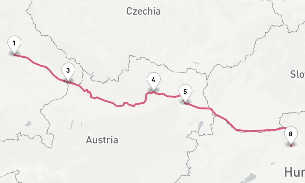 7 days, one-way from Regensburg to Budapest 8日間