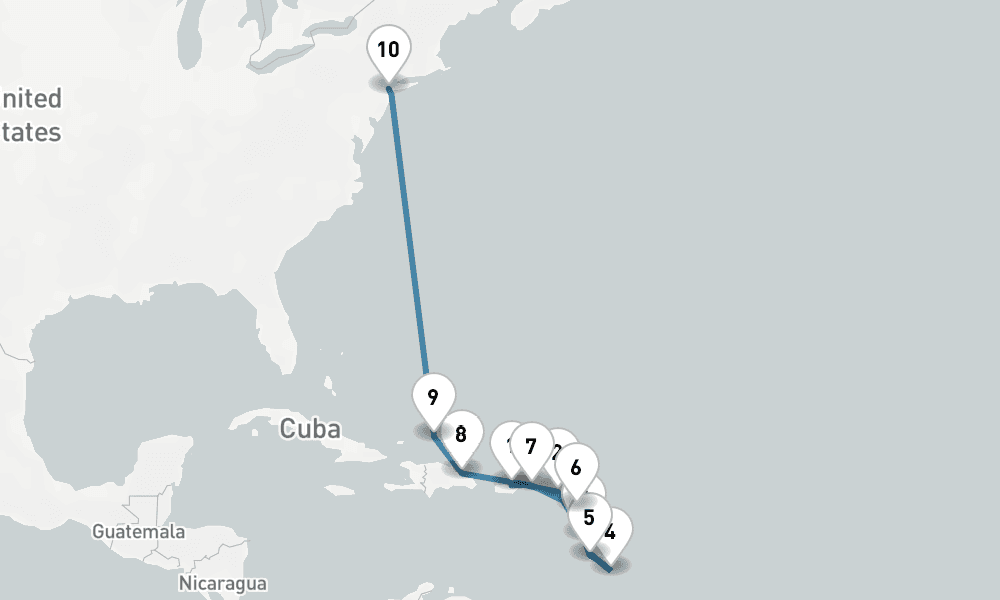 11 days, one-way from San Juan to New York 12日間