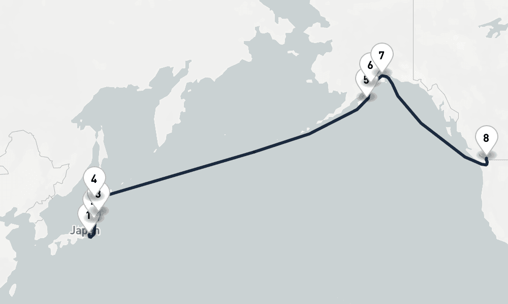 16 days, one-way from Yokohama to Vancouver 17日間
