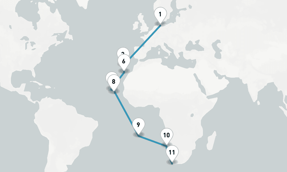 29 days, one-way from Hamburg to Cape Town 30日間