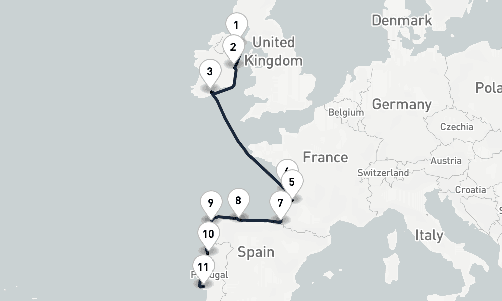 10 days, one-way from Belfast to Lisbon 11日間