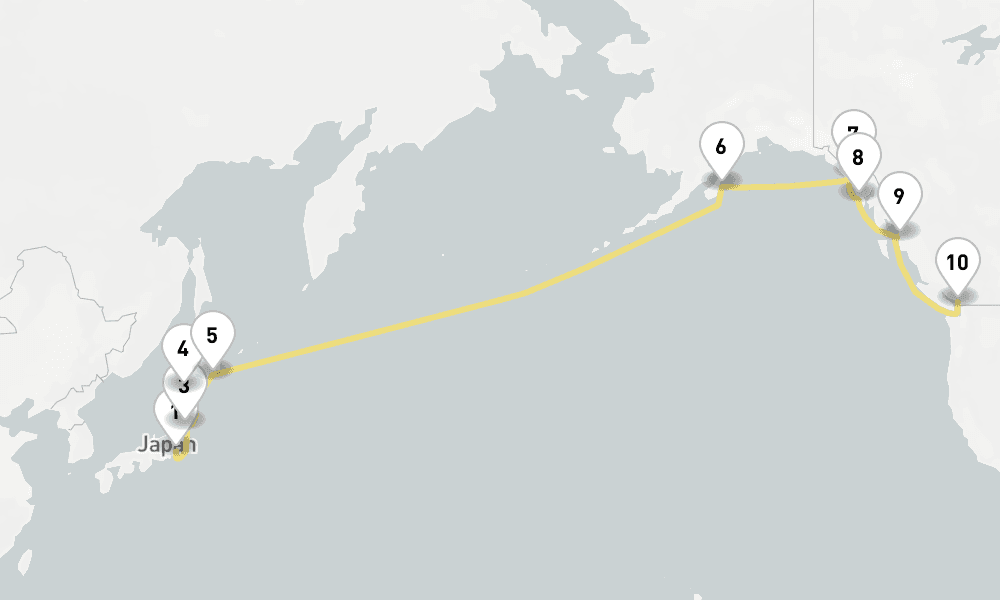 21 days, one-way from Tokyo to Vancouver 22日間