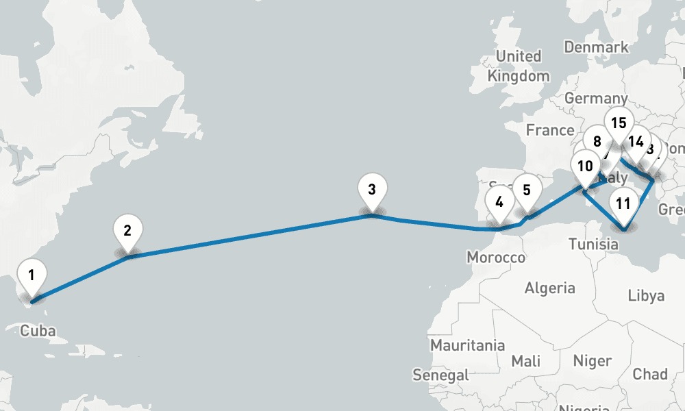 25 days, one-way from Fort Lauderdale to Trieste 26日間