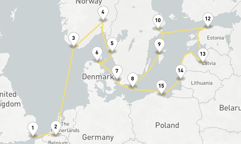 18 days, one-way from Dover to Copenhagen 19日間