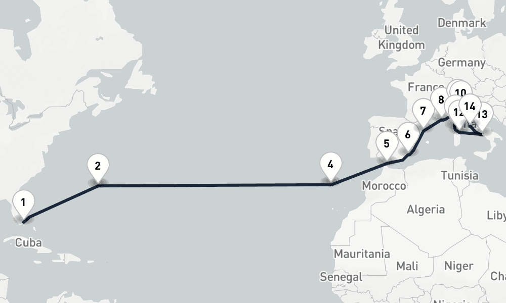 21 days, one-way from Miami to Civitavecchia-Rome 22日間