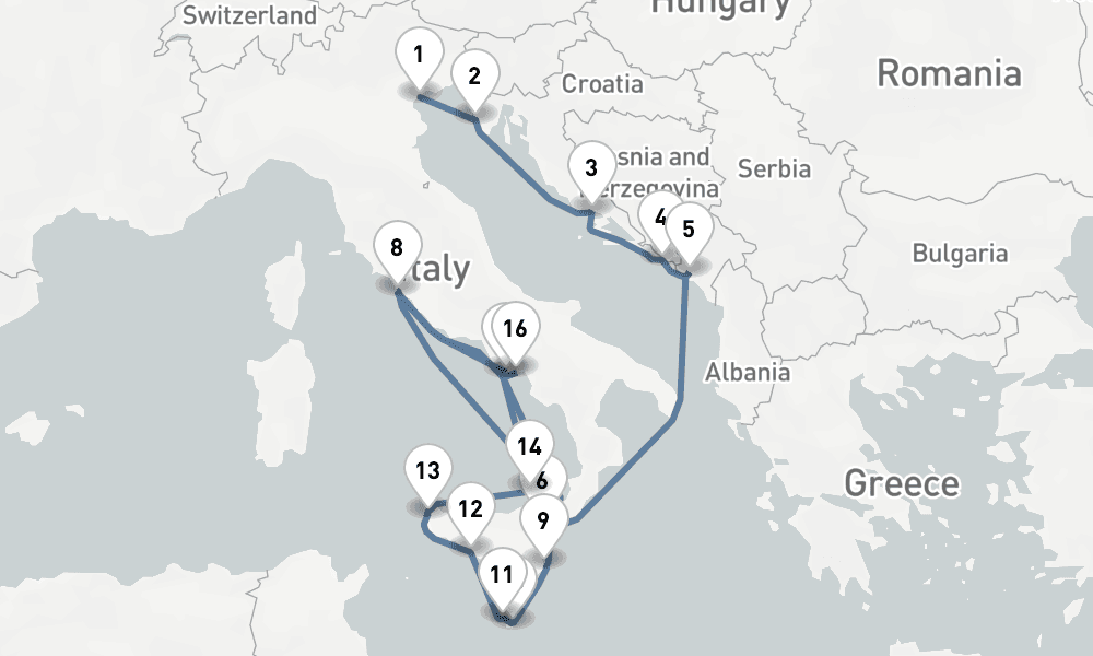 18 days, one-way from Venice to Civitavecchia-Rome 19日間