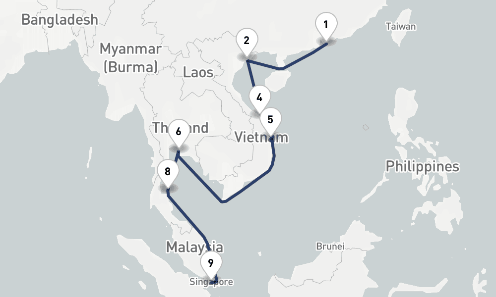 14 days, one-way from Hong Kong to Singapore 15日間