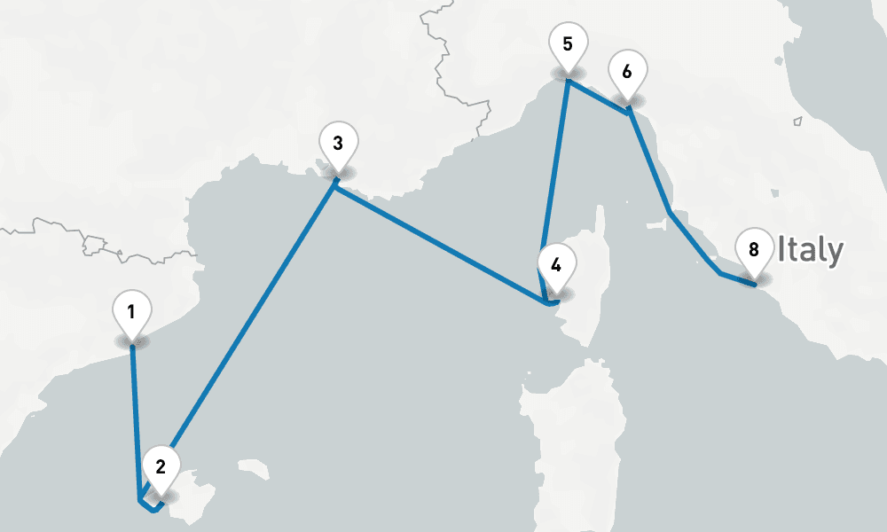 7 days, one-way from Barcelona to Civitavecchia-Rome 8日間