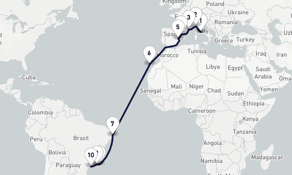 19 days, one-way from Civitavecchia-Rome to Santos 20日間