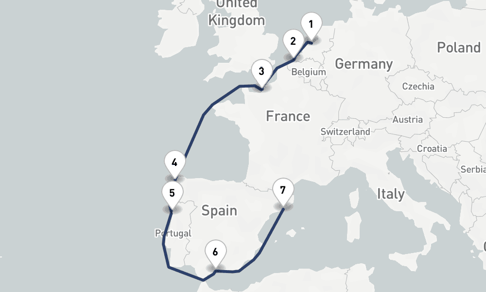 9 days, one-way from Amsterdam to Barcelona 10日間
