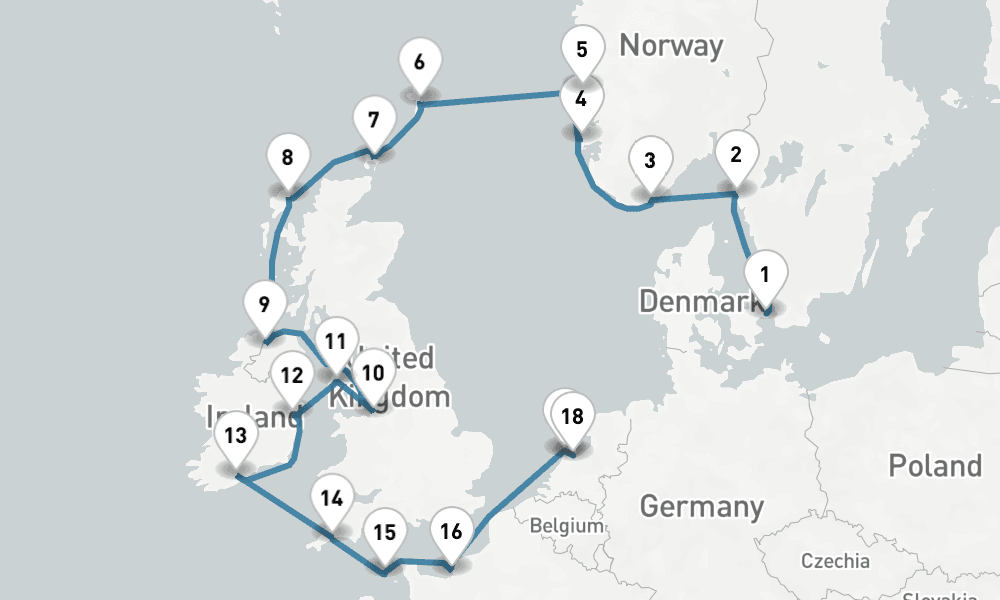 18 days, one-way from Copenhagen to Amsterdam 19日間