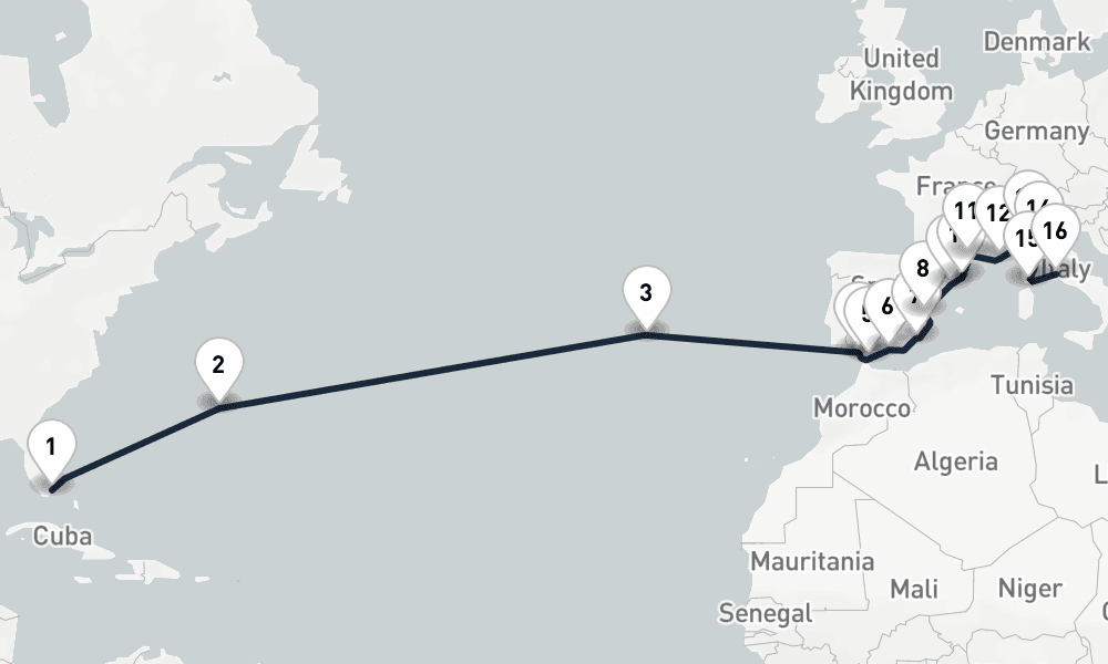 23 days, one-way from Miami to Civitavecchia-Rome 24日間