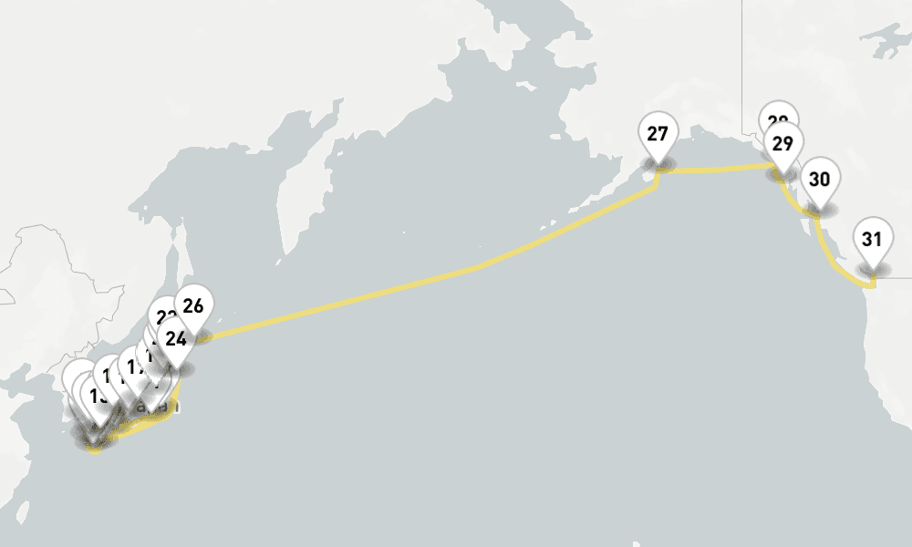 48 days, one-way from Tokyo to Vancouver 49日間