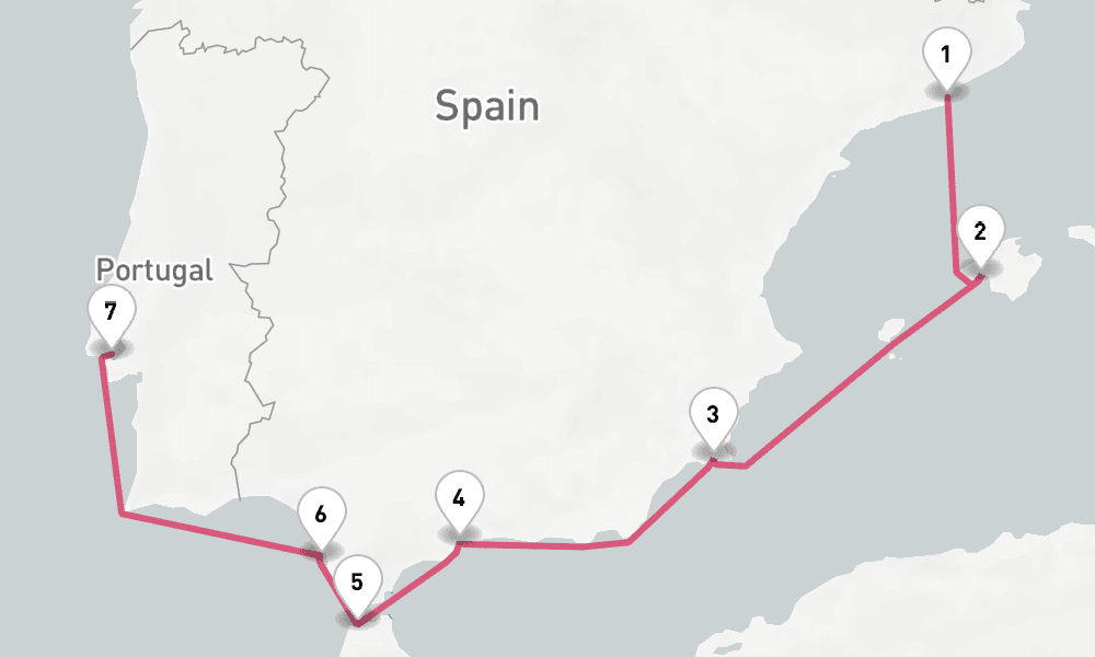 7 days, one-way from Barcelona to Lisbon 8日間