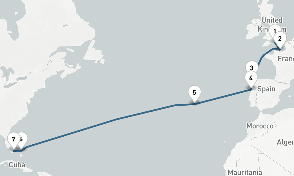 14 days, one-way from Southampton to Miami 15日間