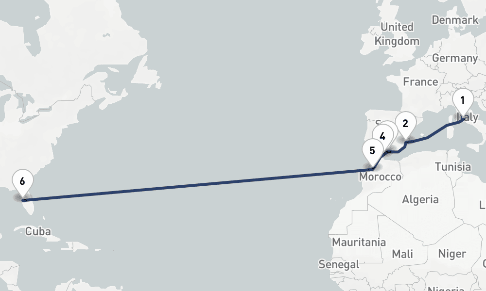 16 days, one-way from Civitavecchia-Rome to Tampa 17日間