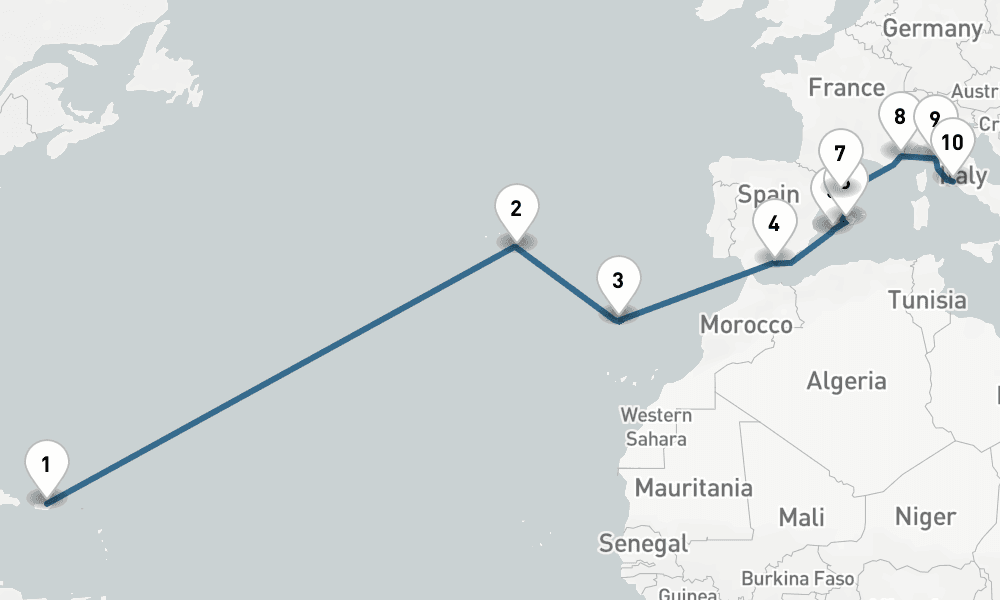 17 days, one-way from San Juan to Civitavecchia-Rome 18日間