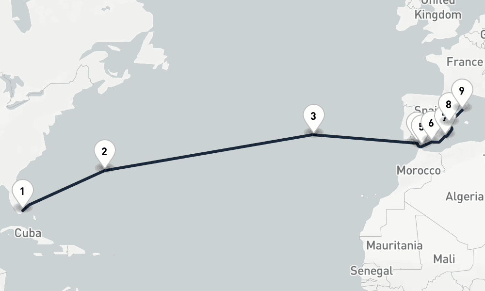 16 days, one-way from Miami to Barcelona 17日間
