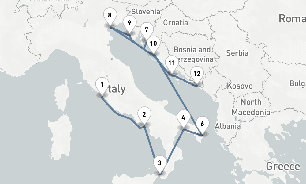 13 days, one-way from Civitavecchia-Rome to Dubrovnik 14日間