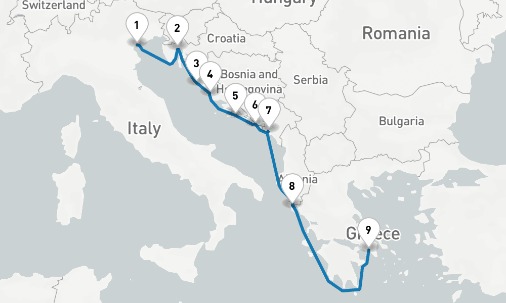 9 days, one-way from Venice to Piraeus-Athens 10日間