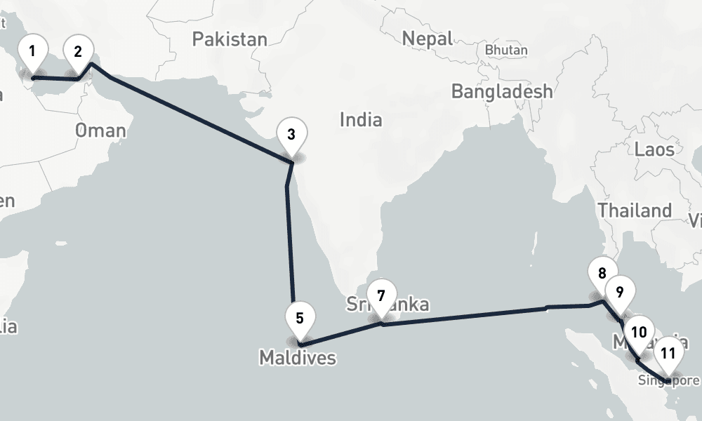 21 days, one-way from Doha Qatar to Singapore 22日間