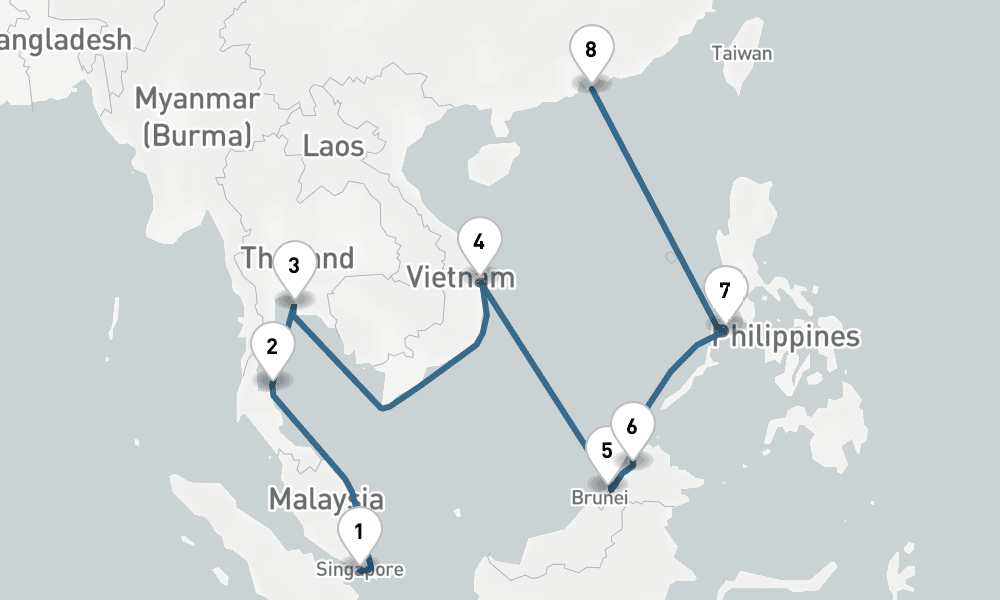13 nights / 14 days, one-way from Singapore to Hong Kong