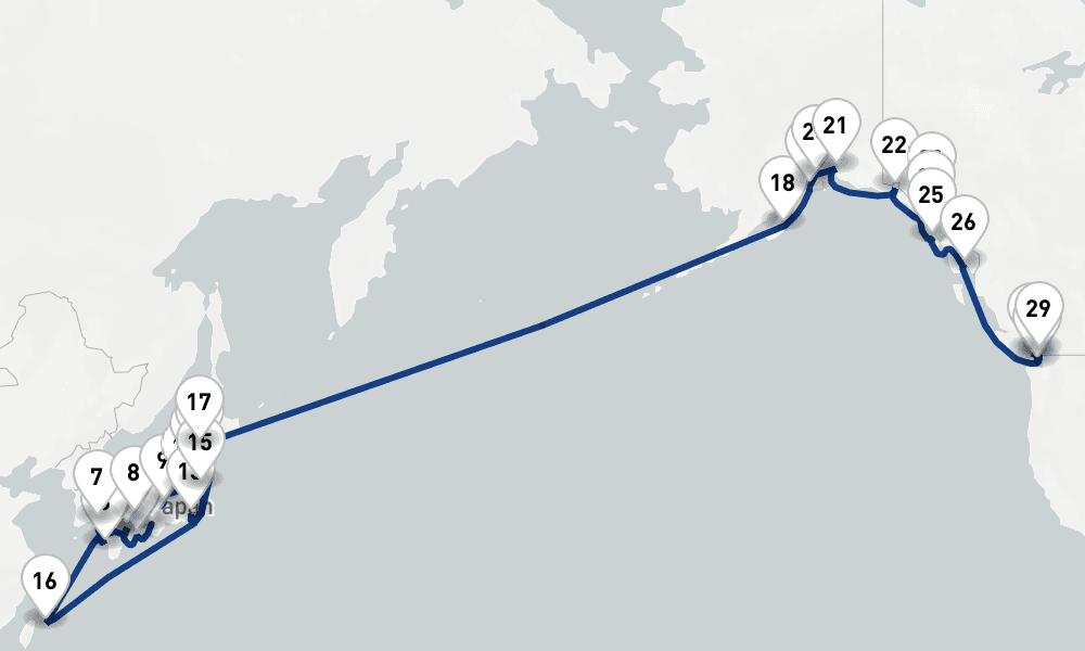39 days, one-way from Kobe-Osaka to Vancouver 40日間