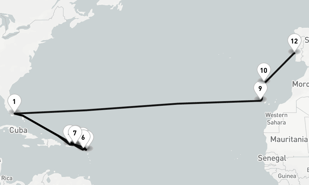 25 days, one-way from Miami to Lisbon 26日間