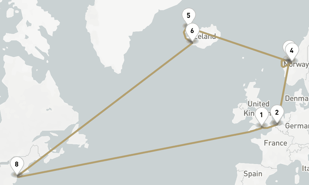 21 days, round-trip Roundtrip Transatlantic Crossing 22日間