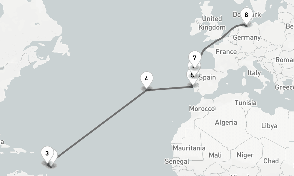 17 days, one-way from Bridgetown to Hamburg 18日間