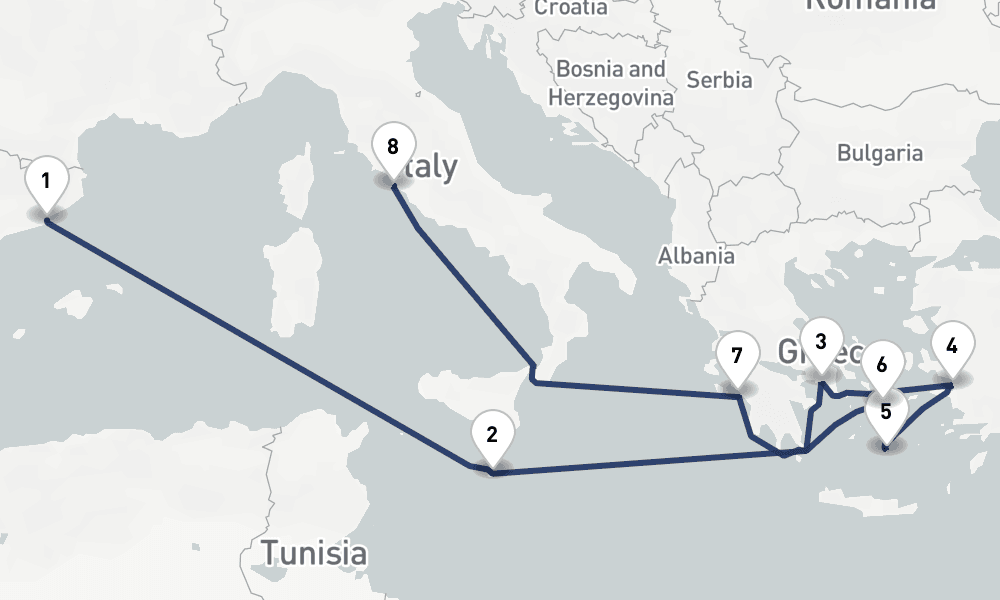 10 days, one-way from Barcelona to Civitavecchia-Rome 11日間