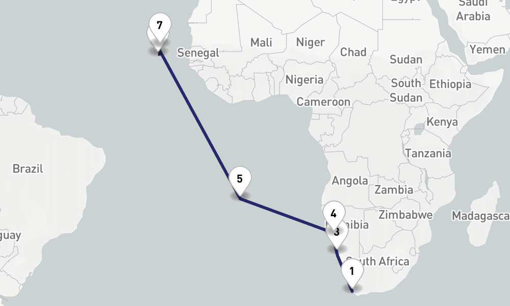 17 days, one-way from Cape Town to Sal Island 18日間