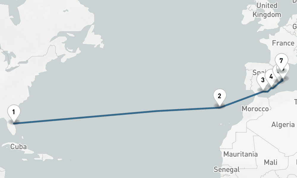 14 days, one-way from Port Canaveral to Barcelona 15日間