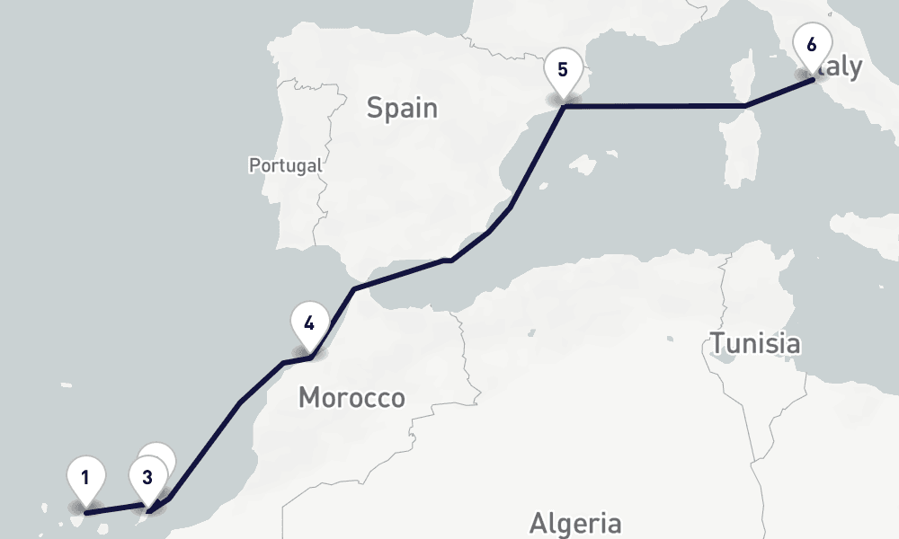 8 days, one-way from Santa Cruz de Tenerife to Civitavecchia-Rome 9日間