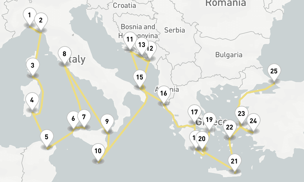 29 days, one-way from Genoa to Istanbul 30日間