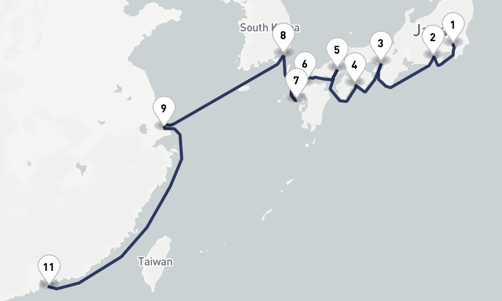 14 days, one-way from Tokyo to Hong Kong 15日間