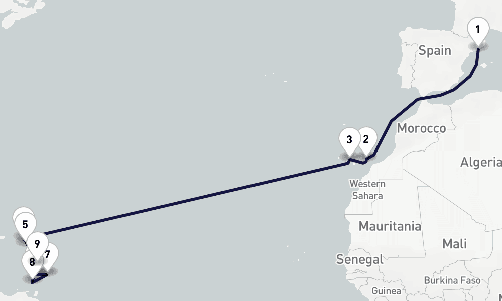 17 days, one-way from Barcelona to Fort-de-France 18日間