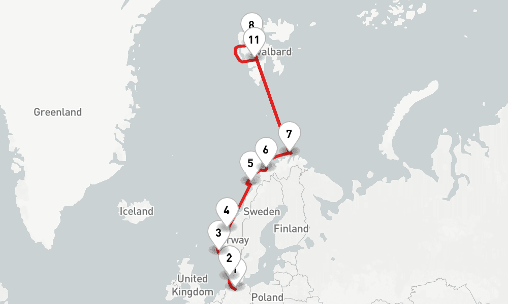 13 nights / 14 days, one-way from Hamburg to Longyearbyen (Spitsbergen, Arctic Norway)