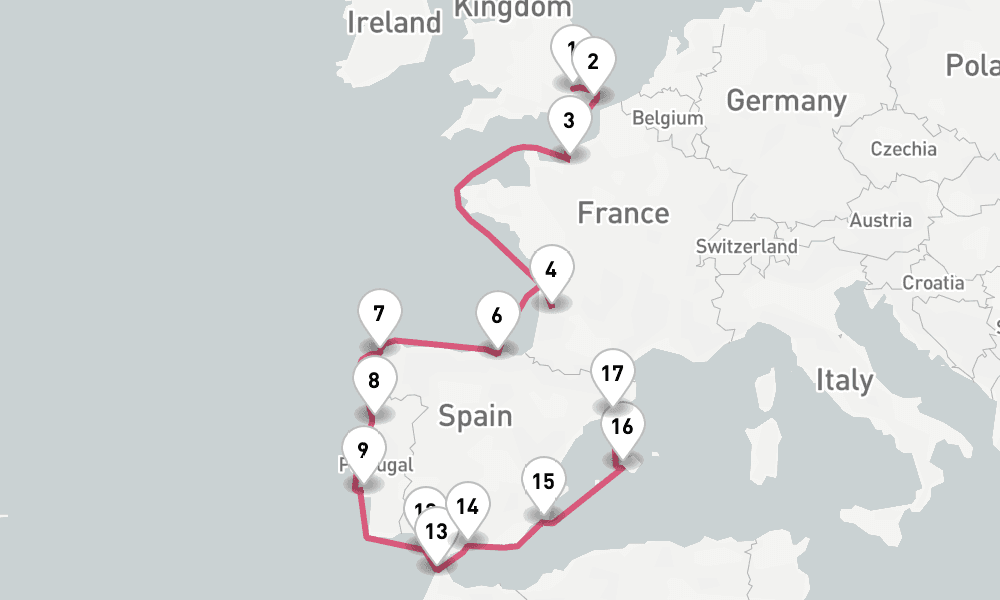 18 nights / 19 days, one-way from Tilbury (London, England) to Barcelona