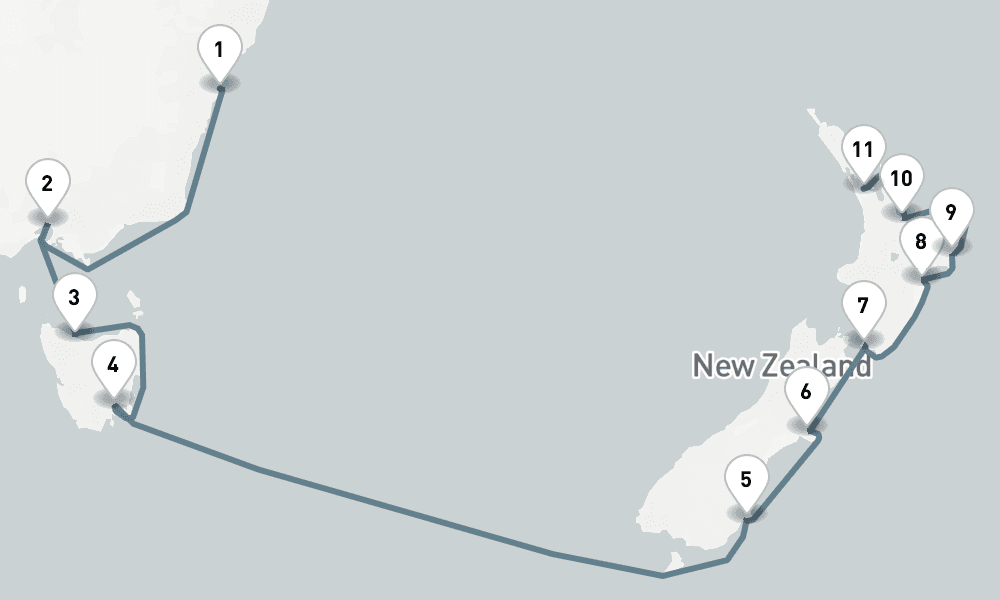 14 days, one-way from Sydney to Auckland 15日間