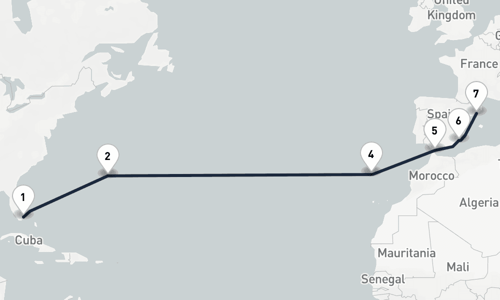 14 days, one-way from Miami to Barcelona 15日間