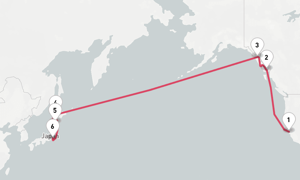 16 days, one-way from San Francisco to Tokyo 17日間