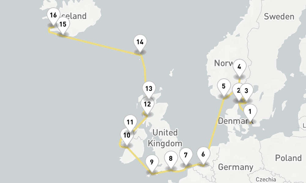 21 days, one-way from Copenhagen to Reykjavik 22日間