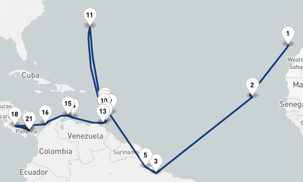 35 days, one-way from Santa Cruz de Tenerife to Panama City 36日間