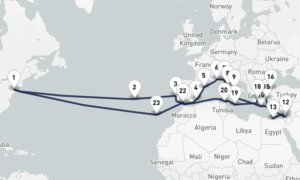 45 days, round-trip Legendary Ultimate Mediterranean Atlantic Passage 46日間