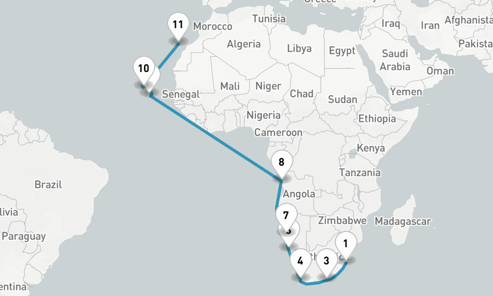 24 days, one-way from Durban to Las Palmas de Gran Canaria 25日間