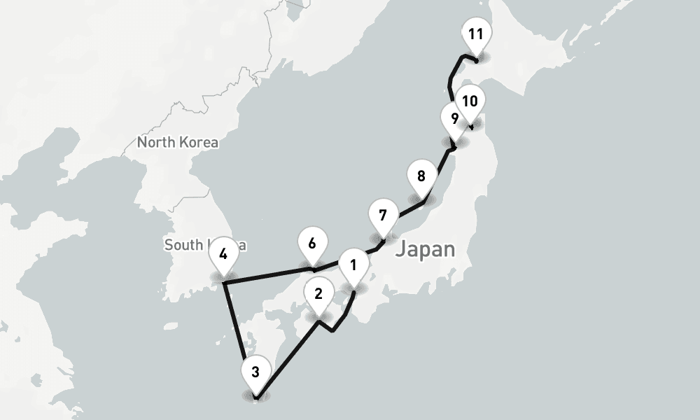 12 days, one-way from Kobe-Osaka to Sapporo-Otaru 13日間